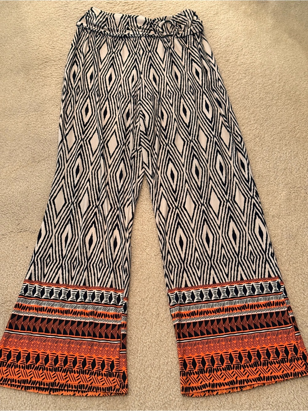 Wide Leg Patterned Pants - Black & White with Orange Border